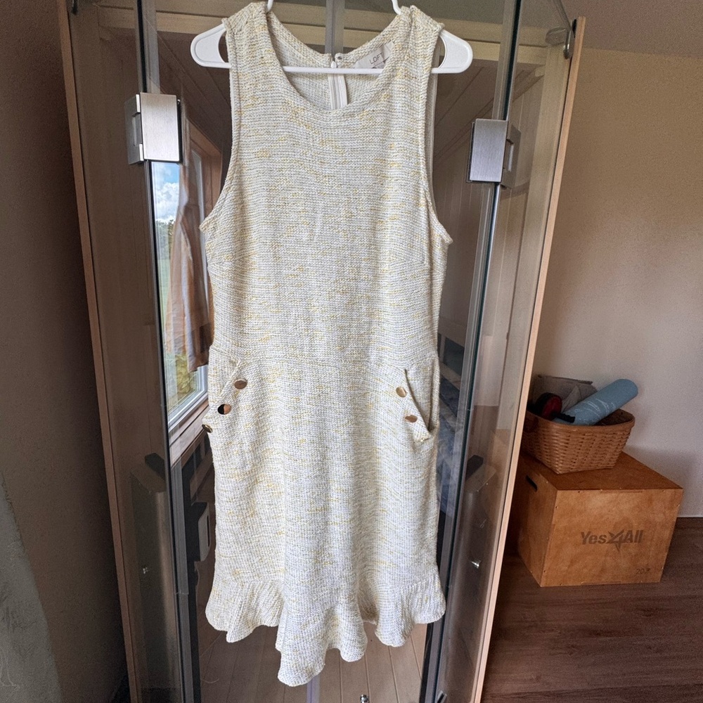 LOFT Cream and Yellow Tweed Midi Dress with Ruffle Hem